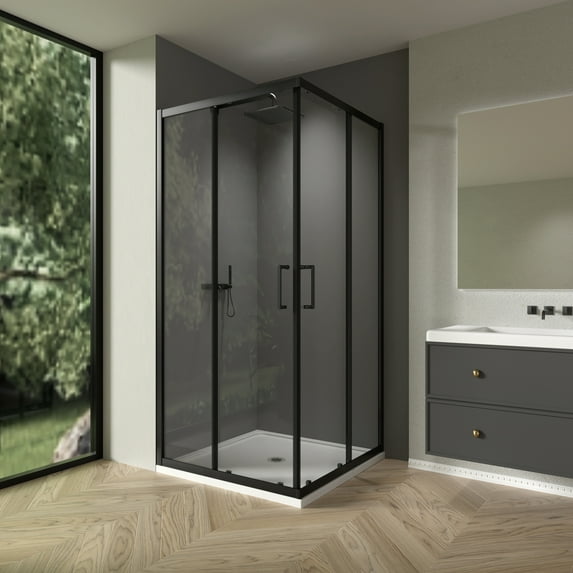 Double Sliding Corner Shower Door with White Anti-slip Acrylic shower pan, 36 in.D x 36 in. W x 72 in. H Corner Shower Enclosure with 1/4 in. Glass, Corner Shower Kit, Matte Black