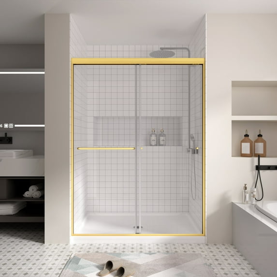 Double Sliding Shower Door, 50-54" W x 72" H Semi-Frameless Shower Doors for Walk in Shower, 1/4" SGCC Tempered Glass, Brushed Gold
