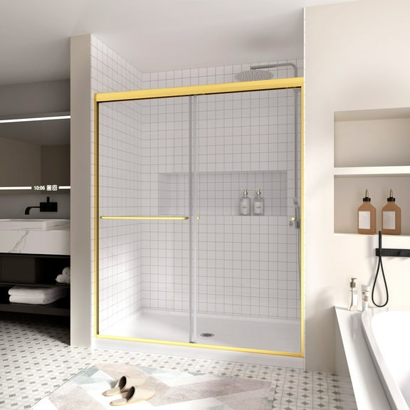 Double Sliding Shower Door, 56-60" W x 72" H Semi-Frameless Shower Doors for Walk in Shower, 1/4" SGCC Tempered Glass, Brushed Gold