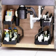 Double Sliding Under Sink Organizers and Storage - 2 Tier Pull Out Under Kitchen Cabinet Organizer with Hanging Cup,Under Counter Sink Organization for Bathroom Cabinets Countertops Pantry Office