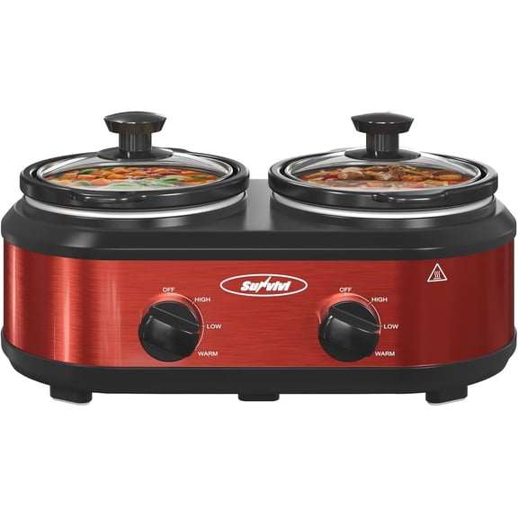 Double Slow Cooker 2 Pot Small Mini Crock Buffet Servers and Warmer Dual Pot Oval Manual Slow Cooker with Adjustable Temp Removable Ceramic Pot Stainless Steel Total 2.5 Quarts Red