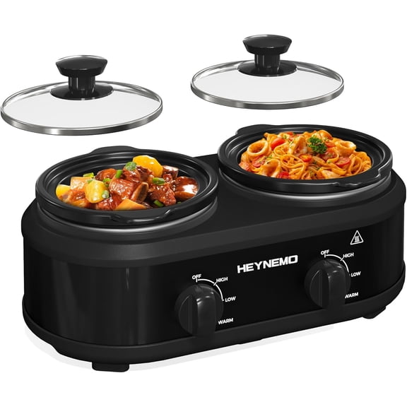 Double Slow Cooker, 2 X 1.25QT Slow Cooker with 3 Cooking Settings, Buffet Servers and Warmers with Dishwasher-Safe Ceramic Pot, Glass Lid, Black