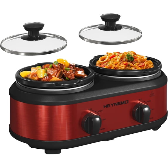 Double Slow Cooker, 2 X 1.25QT Slow Cooker with 3 Cooking Settings, Buffet Servers and Warmers with Dishwasher-Safe Ceramic Pot, Glass Lid, Red