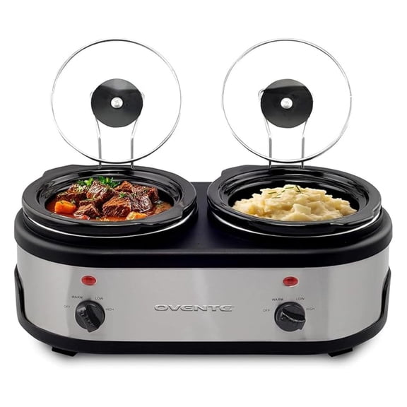 Double Slow Cooker, Buffet Server Warmer - 3Qt, 2x1.5Qt Ceramic Pots, Adjustable Temp Control, Glass Lids - Silver for Parties & Holidays