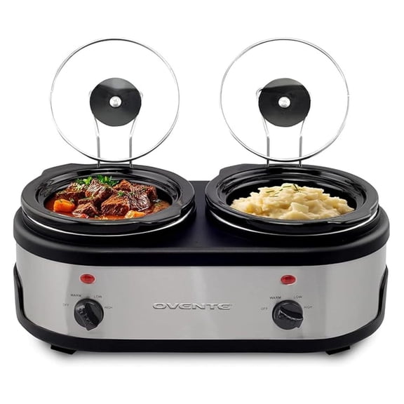 Double Slow Cooker, Buffet Server and Warmer with Two 1.5Qt Removable Ceramic Pot, Adjustable Temperature Control and Tempered Glass Lid for Parties, Gatherings and Holidays, Silver SLO215BR