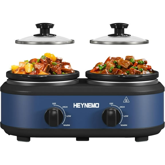 Double Slow Cooker, Buffet Servers and Warmers, Dual 2 Pot Slow Cooker Food Warmer, Adjustable Temp Dishwasher Safe Removable Ceramic Pot Glass Lid, 2 x 1.25 QT Portable Small Crock Cooker,Blue