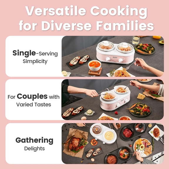Double Small Slow Cooker, Buffet Server and Warmer, 2  Pots with 3 Individual Adjustable Temp, Dual Ceramic Pots,  Liners for Easy Clean-, Stainless Steel, Total 2.5 Quart, Pink, Round