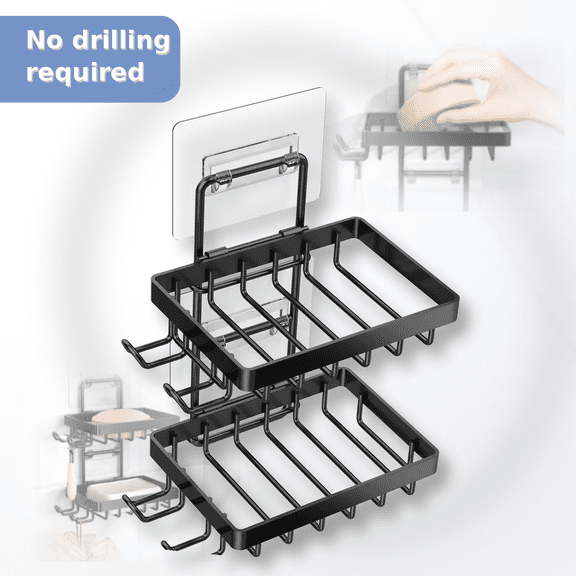 Double Soap Bar Holder for Shower, No Drilling, 304 Stainless Steel, Wall Mounted Soap Holder with 4 Hooks and Razor Holder, Shower Rack Soap Tray Bar Soap for Bathroom Accessories Organizer