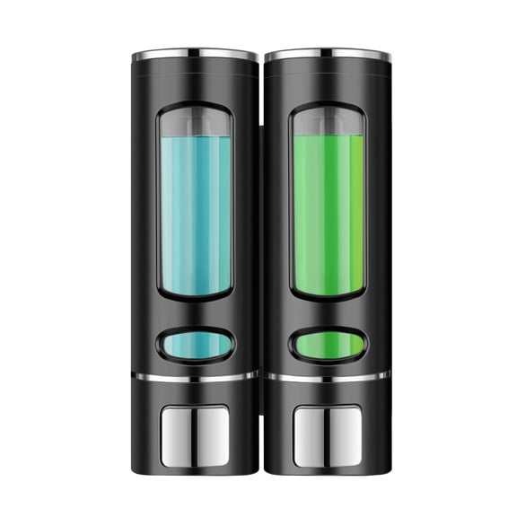 Double Soap Dispensers, 400ml ABS Plastic Drill Free with Adhesive or Wall Mount with Screws Liquid Hand Shower Dispenser for Bathroom,Kitchen ,Black