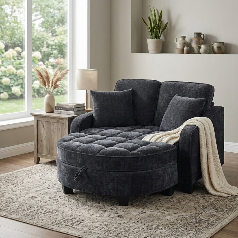 Double Sofa Chaise Lounge with 2 Pillows and Irregular Armrests, 2-Seater Sofa with Storage Ottoman, Convertible Sleeper Sofa Bed for Living Room Bedroom