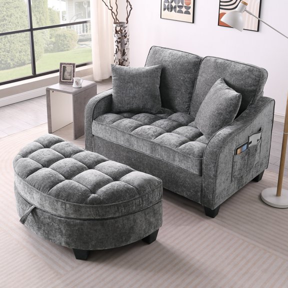 Double Sofa Chaise with Storage Footrest, Unique Design & Throw Pillows,Grey