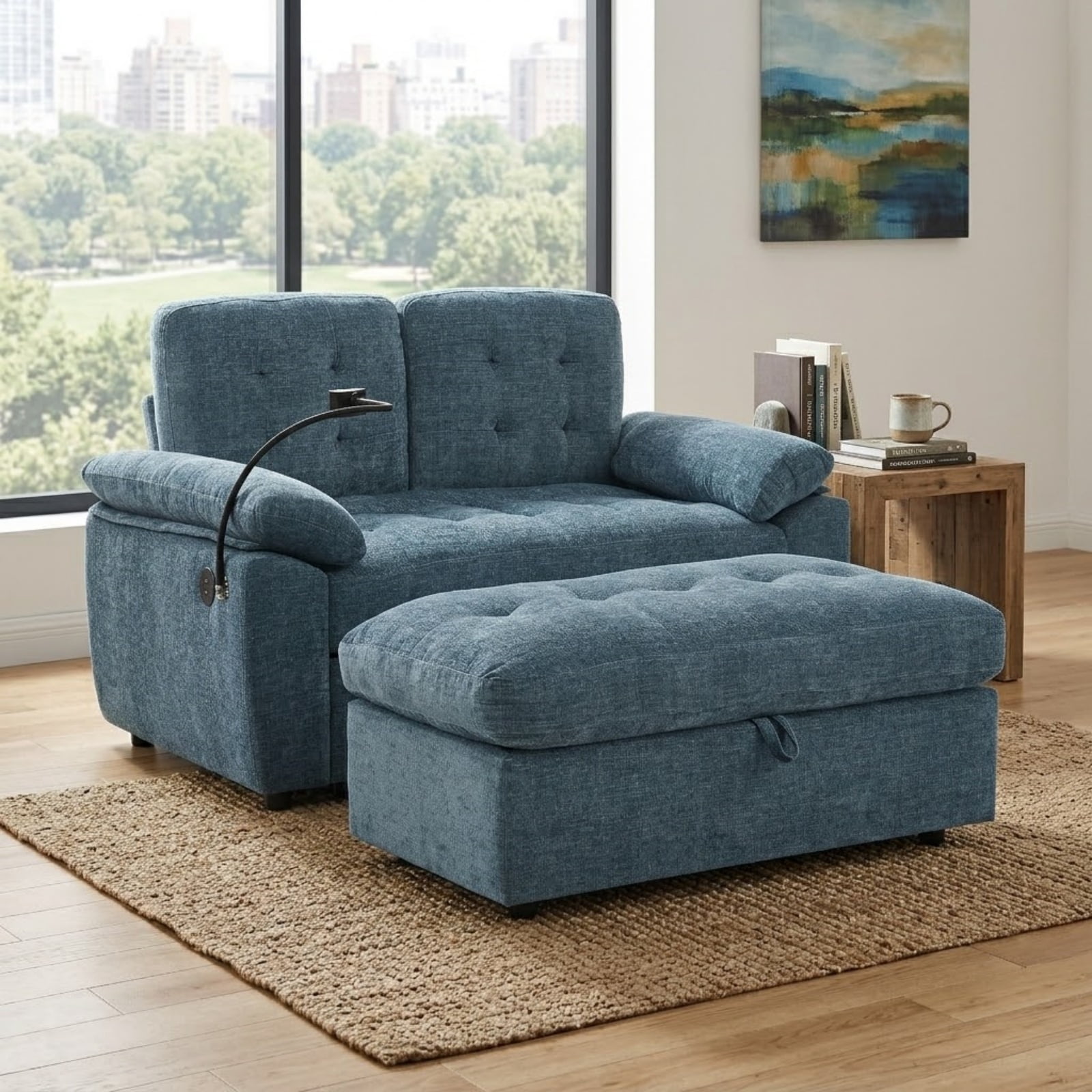 Double Sofa Recliner with Storage Ottoman, Manual Adjustable Reclining Loveseat with USB Charging Port, Phone Stand, and Soft Padded Armrests for Living Room, Apartment, and Home Theater