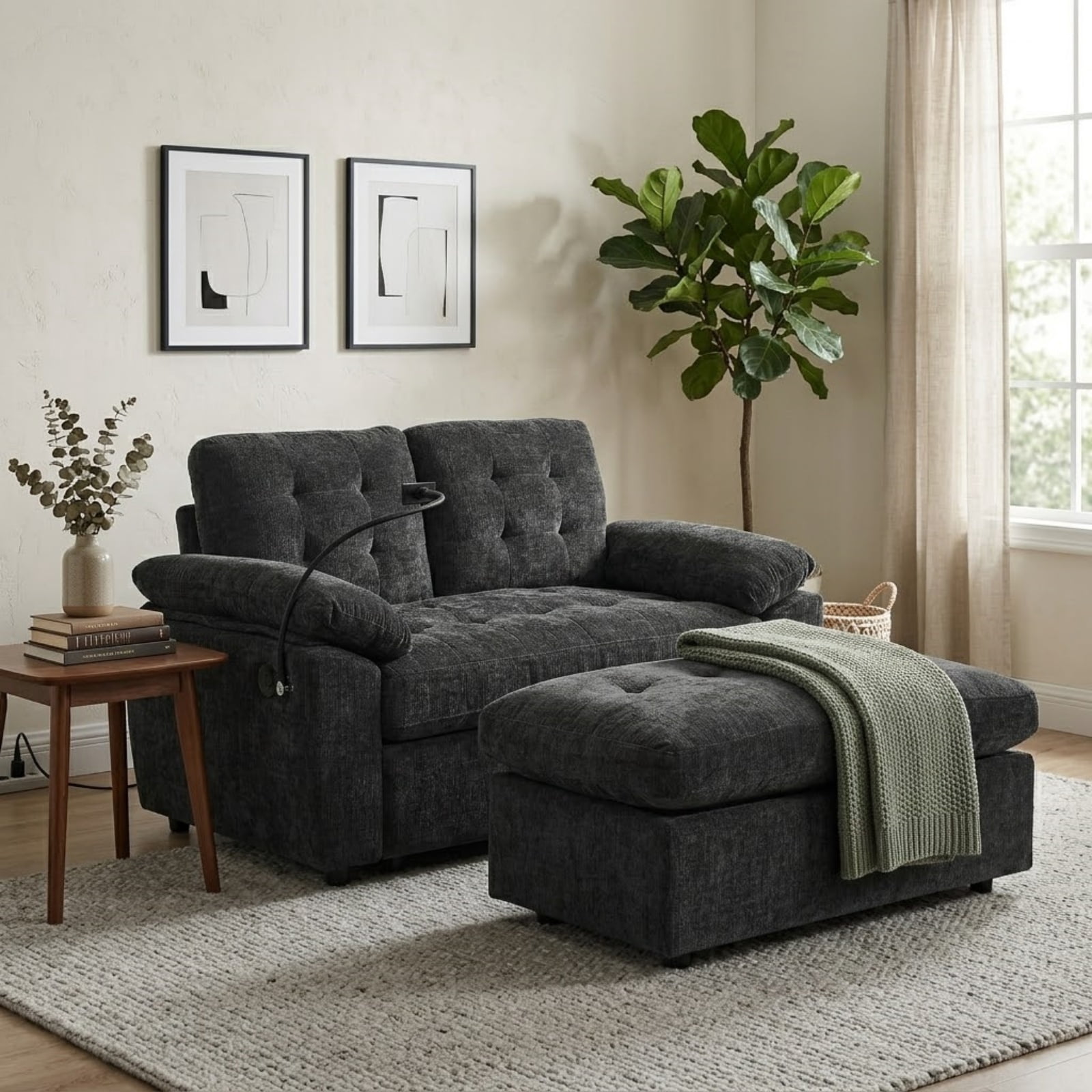 Double Sofa Recliner with Storage Ottoman, Manual Adjustable Reclining Loveseat with USB Charging Port, Phone Stand, and Soft Padded Armrests for Living Room, Apartment, and Home Theater