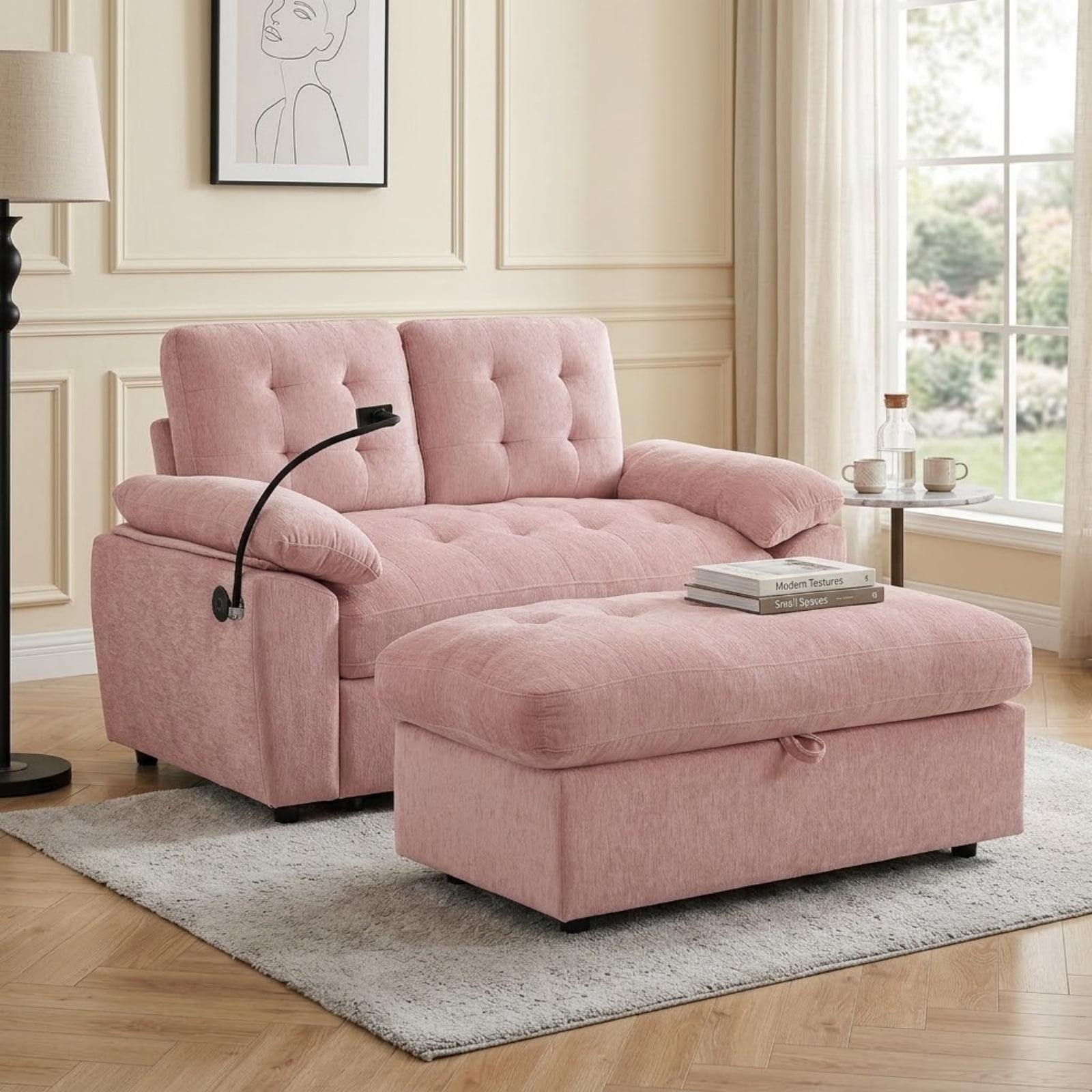 Double Sofa Recliner with Storage Ottoman, Manual Adjustable Reclining Loveseat with USB Charging Port, Phone Stand, and Soft Padded Armrests for Living Room, Apartment, and Home Theater