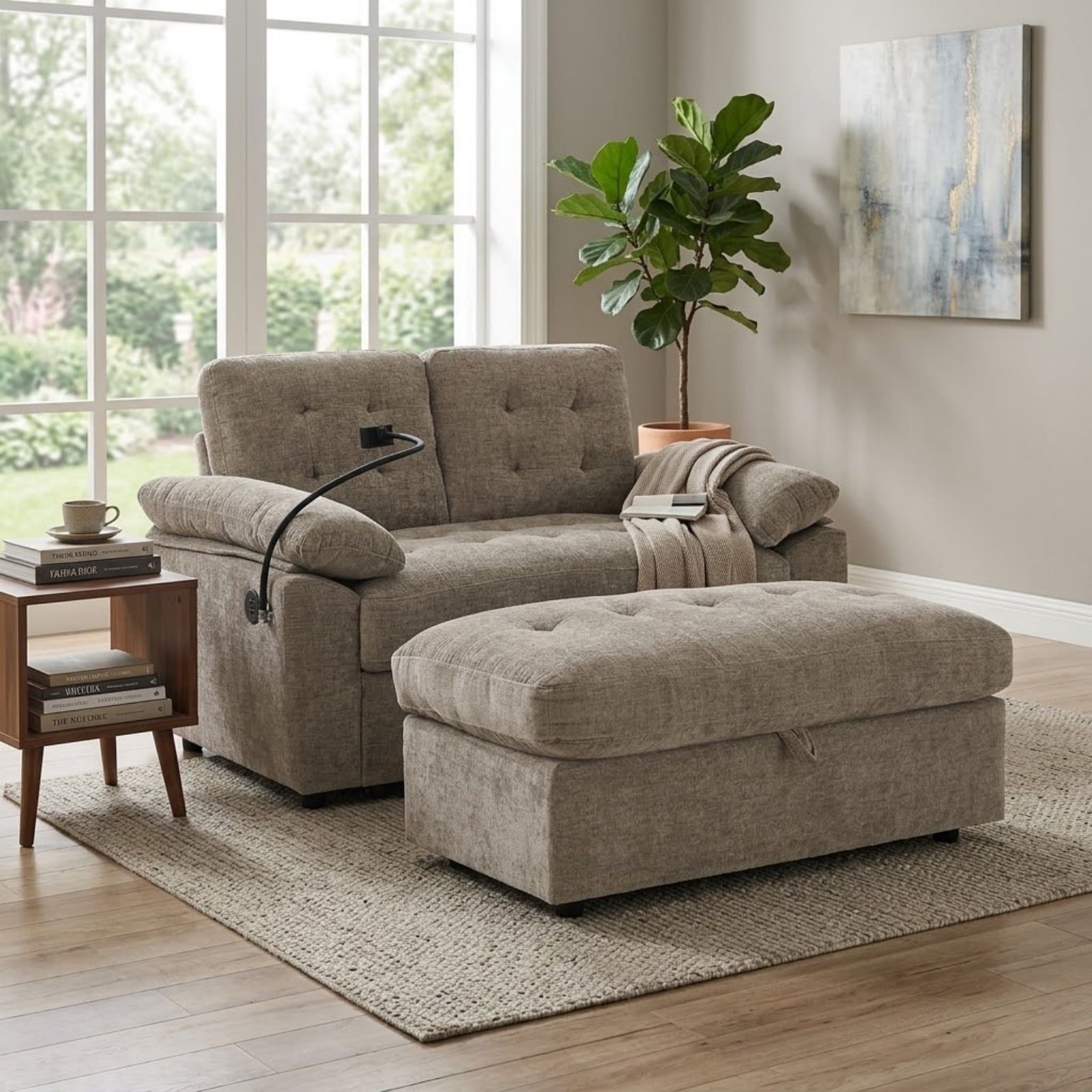 Double Sofa Recliner with Storage Ottoman, Manual Adjustable Reclining Loveseat with USB Charging Port, Phone Stand, and Soft Padded Armrests for Living Room, Apartment, and Home Theater