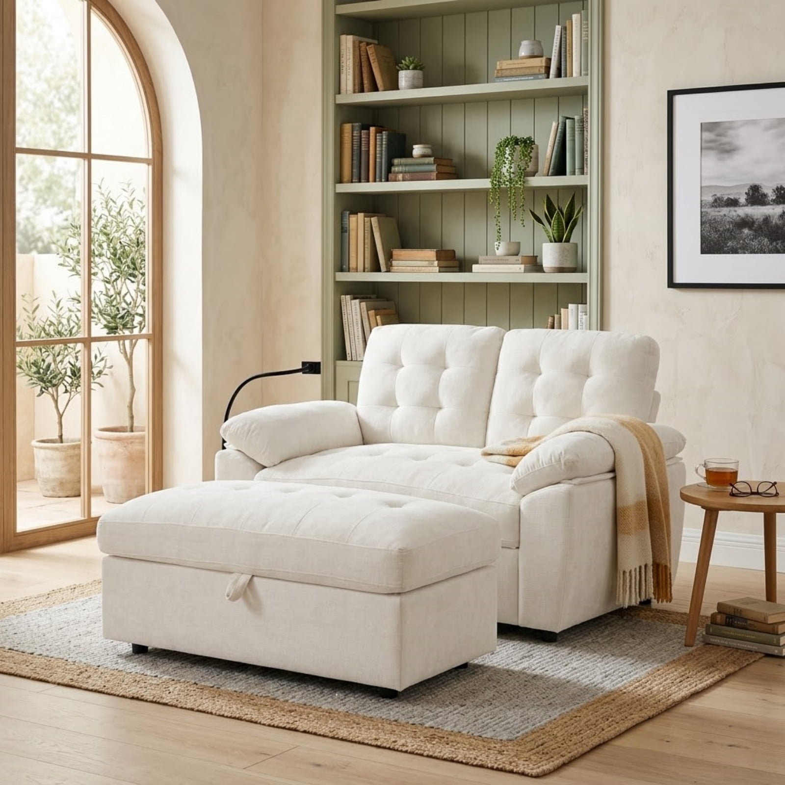 Double Sofa Recliner with Storage Ottoman, Manual Adjustable Reclining Loveseat with USB Charging Port, Phone Stand, and Soft Padded Armrests for Living Room, Apartment, and Home Theater