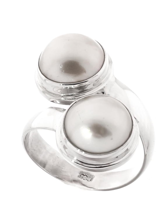 Double South Pacific White Mabe Cultured Pearl 925 Sterling Silver Ring