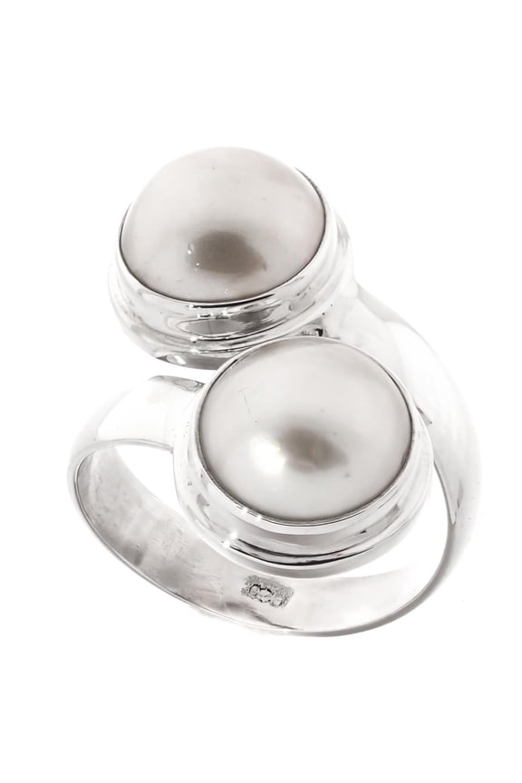 Double South Pacific White Mabe Cultured Pearl 925 Sterling Silver Ring