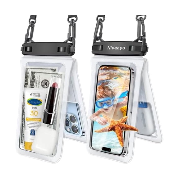 Double Space Waterproof Phone Pouch - 2 Pack, Waterproof Phone Lanyard Case with iPhone 16/15/14/13/12 Pro Max up to 8.3", Phone Dry Bags for Vacation Beach Pool Kayak Cruise Travel Essentials