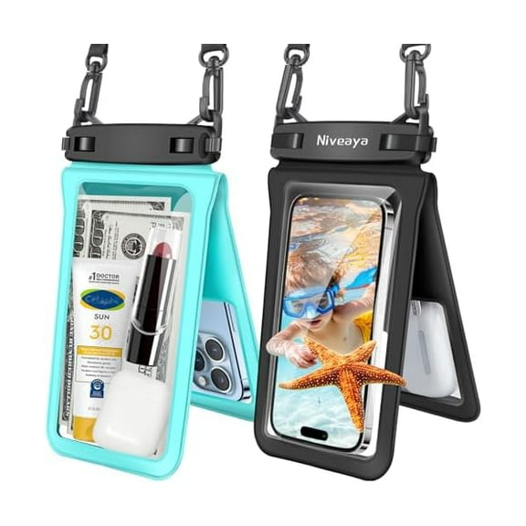 Double Space Waterproof Phone Pouch - 2 Pack, Waterproof Phone Lanyard Case with iPhone 16/15/14/13/12 Pro Max up to 8.3", Phone Dry Bags for Vacation Beach Pool Kayak Cruise Travel Essentials