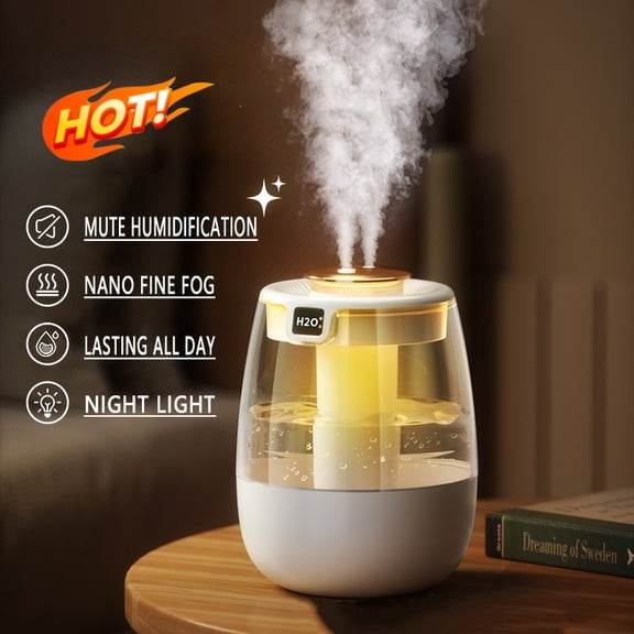 Double Spray Humidifier,1.3L Silent USB Digital Display Humidifier With 2 Mist Modes & Night Light For Car Office Home Room