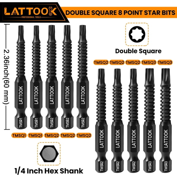 Double Square 8 Point Star Bit Set 10PCS S2 Steel Impact Bits