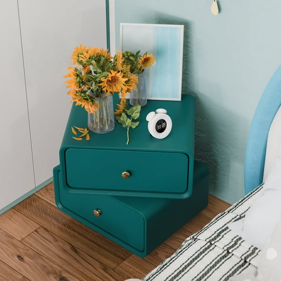 Double Stacked Swivel Nightstand, Two Drawers, 19.6-Inch Bedside Dro, For Bedroom, Living Room, Dark Green