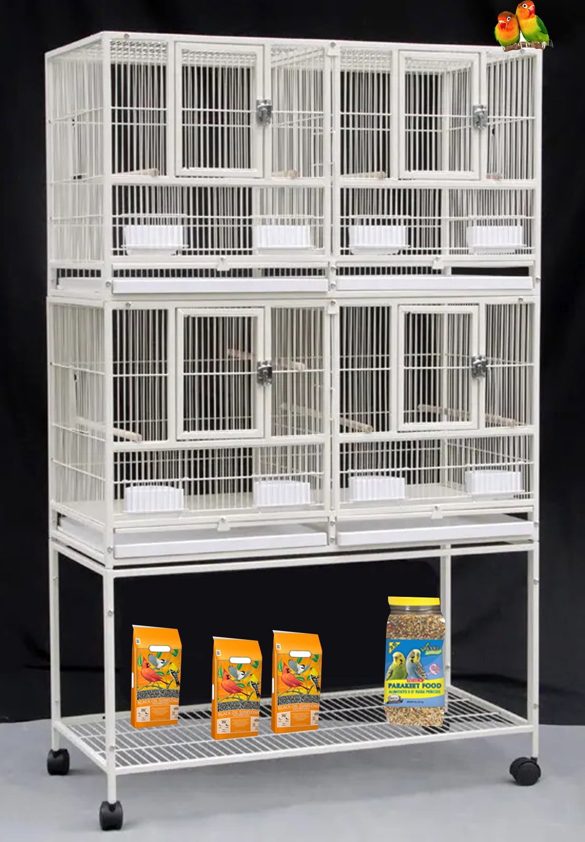 Double Stacker Bird Flight Breeder Cage Center Divider Side Nesting Box Doors Metal Bird Cage with Rolling Stand for Small Birds Lovebirds Finch Canaries Parakeets Cockatiels Budgies