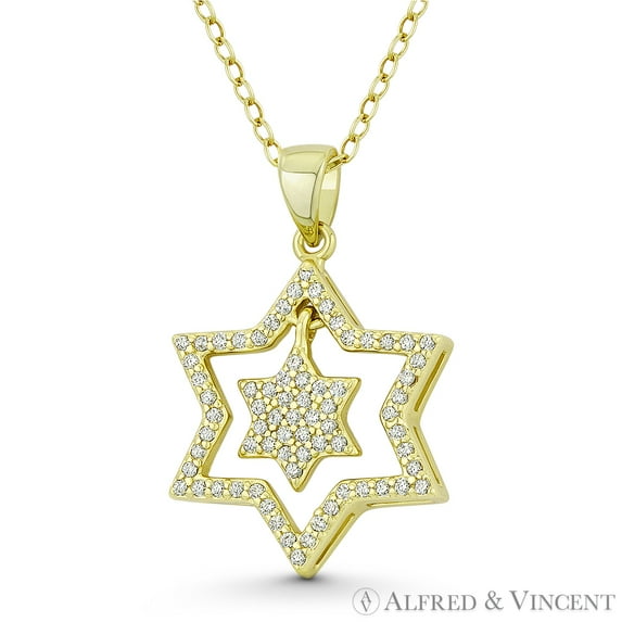 Double Star of David Cubic Zirconia CZ Crystal Pave Pendant & Chain Necklace in .925 Sterling Silver w/ 14k Yellow Gold