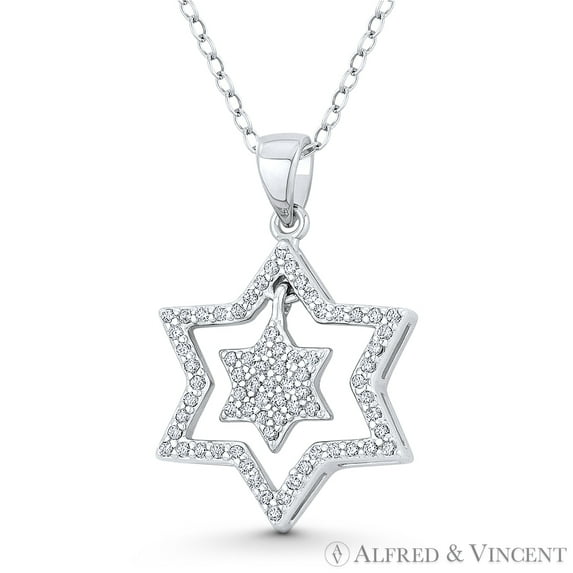 Double Star of David Cubic Zirconia CZ Crystal Pave Pendant & Chain Necklace in .925 Sterling Silver w/ Rhodium
