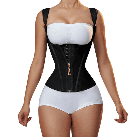 Double Steel-Boned Front-Zip Waist Trainer for Women - Tummy Control Corset Top with Latex Lining & Back Hook