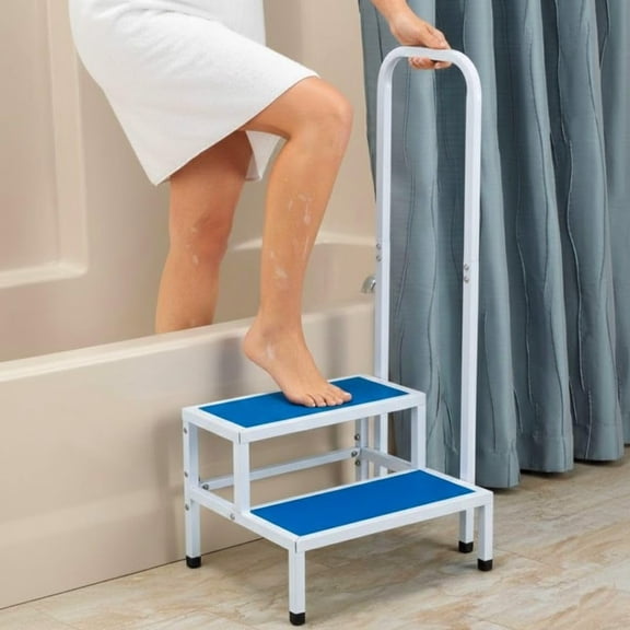 Double Step Stool with Handrail Heavy Duty Non Slip Bath 2 Step Bedroom Blue NEW