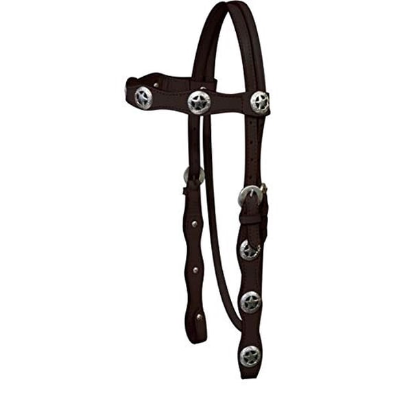 Double Stitched Leather Browband Headstall w/ Silver Texas Star Conchos & Reins