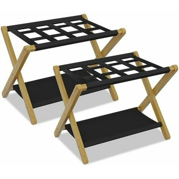 Double Storage Space,Luggage Rack, Pack of 2, Folding Suitcase Stand with Storage Shelf, Heavy-Duty Luggage Holder for Guest Room Bedroom Hotel, Holds up to 141 lb, Natural