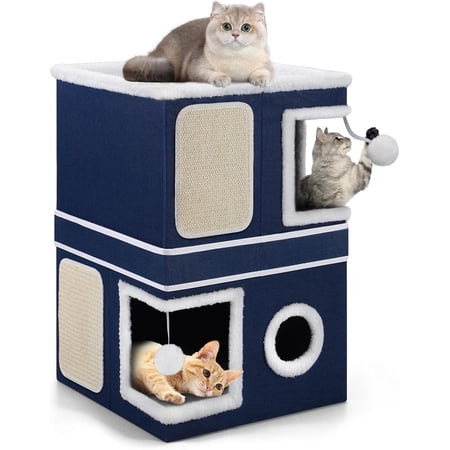 Double-Storey Cat House with Hideaway Condos Scratch Pads and Fluffy Balls Blue