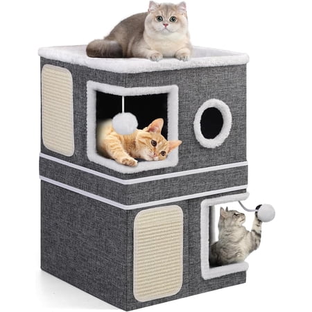 Double-Storey Indoor Cat House with Hideaway Condos Scratch Pads and Fluffy Balls Grey