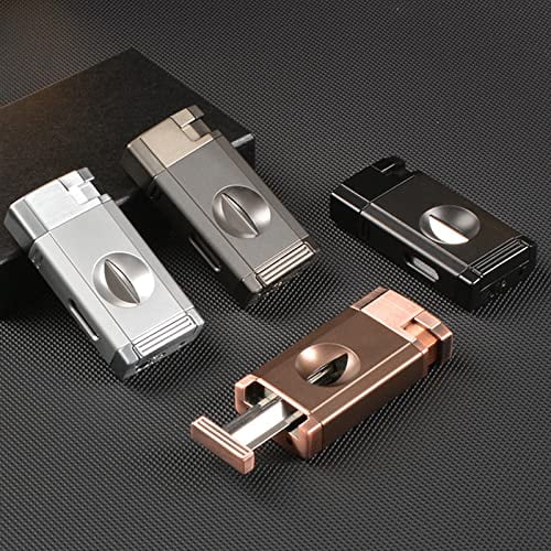 Double Straight Flush Blue Flame Cigar Lighter Multifunctional Cigar Tool V-Shaped Cigar Cutter Circulation Inflatable Box,Silver