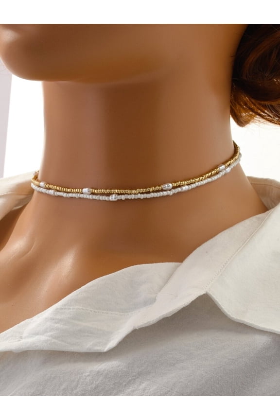 Double Strand Pearl Beaded Choker Necklace Set In Yellow Gold Tone