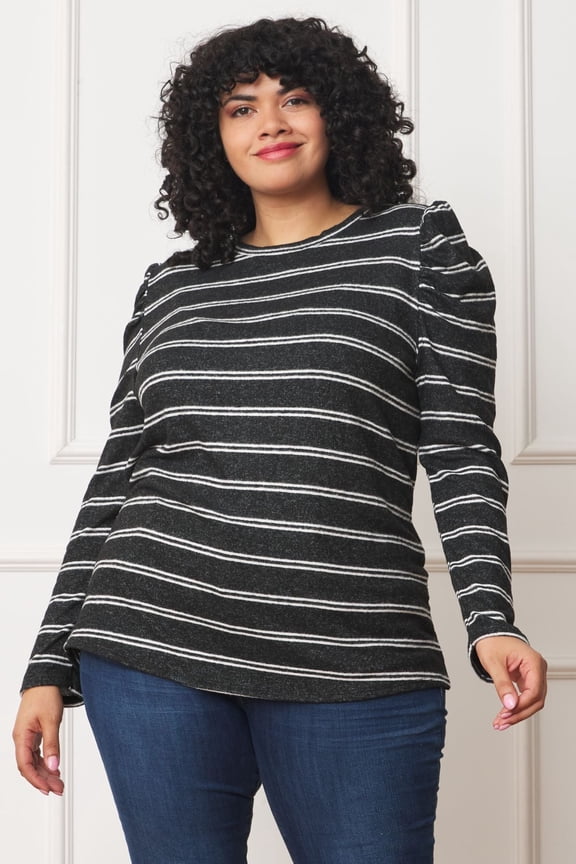 Double Stripe Long Puffed Shoulder Sleeve Top | S-3X