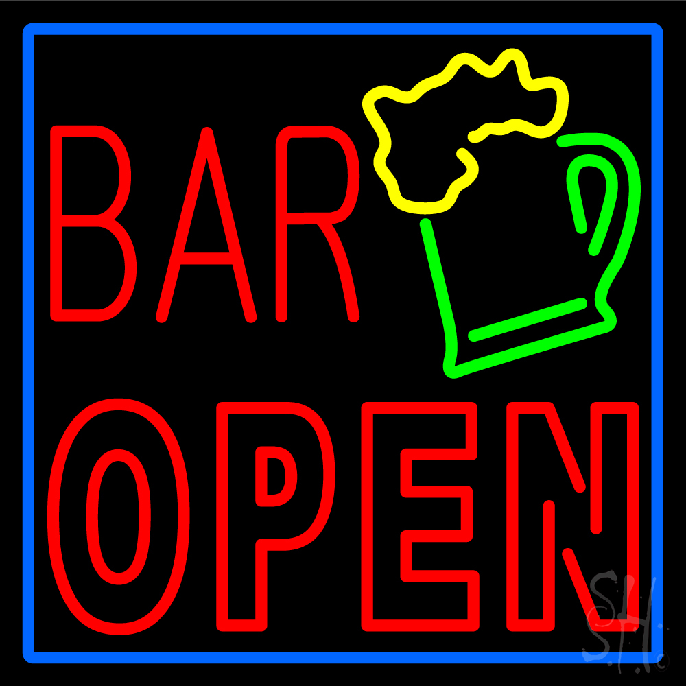 Double Stroke Bar Open With Beer Mug LED Neon Sign 16 x 16 - inches, Clear Edge Cut Acrylic Backing, with Dimmer - Bright and Premium built indoor LED Neon Sign for Bar decor.