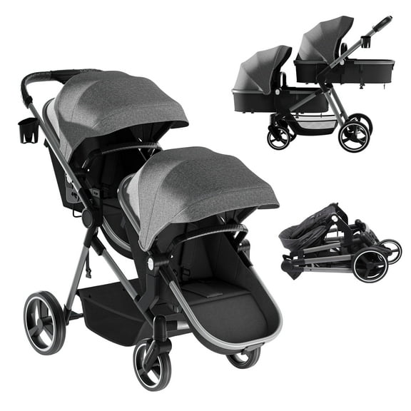 Double Stroller, Foldable Tandem for Infants & Toddlers, Reclining Seats, 5-Point Harness, Large Basket, Gray
