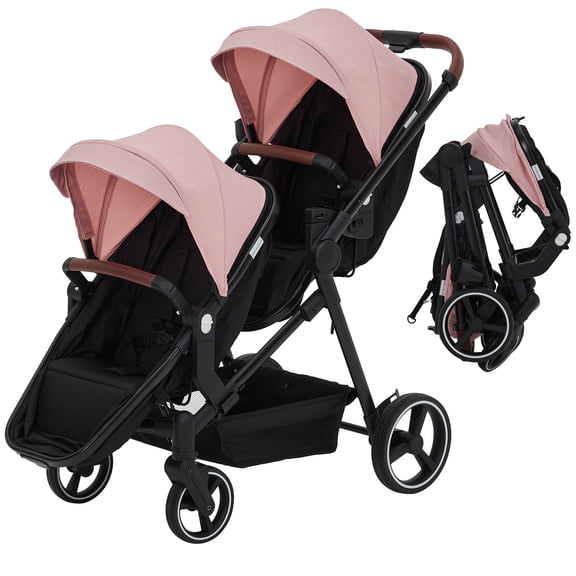 Double Stroller,Tandem Double Stroller for Newborn & Toddler,Reversible Seat with Bassinet Mode, Lightweight Foldable Twin Stroller