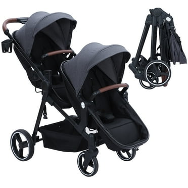Double Stroller Track Tandem Stroller for Infant and Toddler, Foldable Pushchair Bassinet Pram, Multi-Position Reversible & Adjustable Backrest, Large Storage Basket and Canopy, Dark Grey