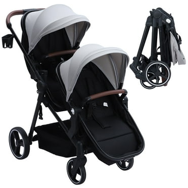 Double Stroller Track Tandem Stroller for Infant and Toddler, Foldable Pushchair Bassinet Pram, Multi-Position Reversible & Adjustable Backrest, Large Storage Basket and Canopy, Light Grey