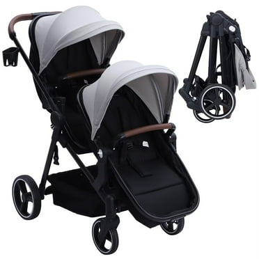 Double Stroller Track Tandem Stroller for Infant and Toddler, Foldable Pushchair Bassinet Pram with Large Storage Basket and Canopy
