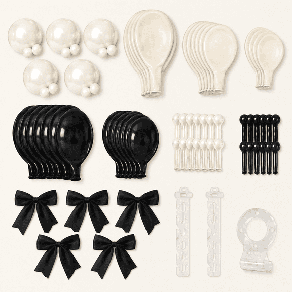 Double Stuffed Black Bow Balloon Arch Garland Kit, Black White Coquette Birthday Decorations with Pre-Tied Bows, Pearl Sand White Ivory Black Balloon for Bachelorette Bridal Shower Wedding Engagement