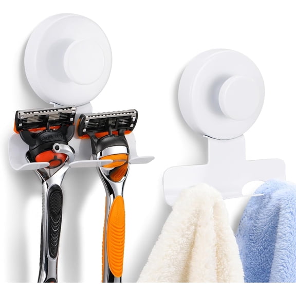 Double Suction Cup Hooks,2-Pack Razor Holder and Shaver Holder,Vacuum Shower Hook for Towel,Robe,Bathroom,Kitchen,Shower,Bath Coat-White