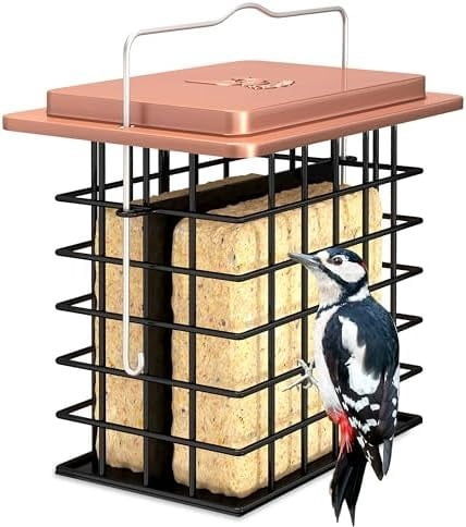 Double Suet Feeder- Metal Roof Bird Feeder with Taller Grid for Woodpeckers, Suet Cake Cage Bird Feeder for Outdoors Hanging,Easy-Clean & Refill,Metal Brushed Copper（Pack of 1）