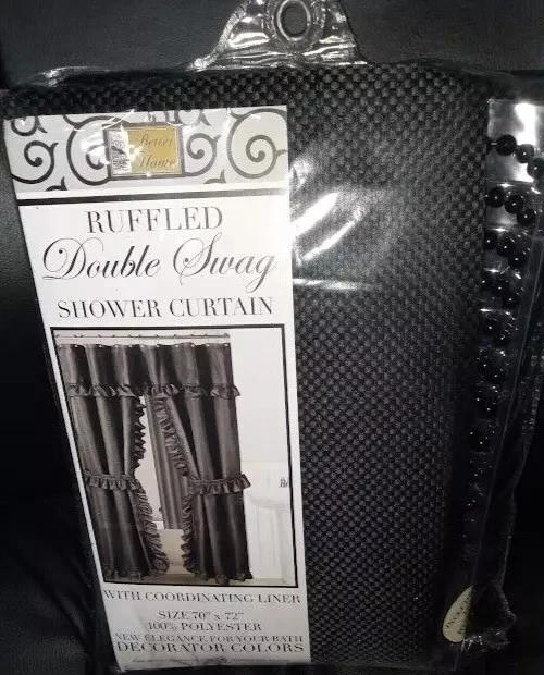 Double Swag Fabric Shower Curtain Includes Vinyl Liner, Shower Rings, Dobby Dot Design, Black