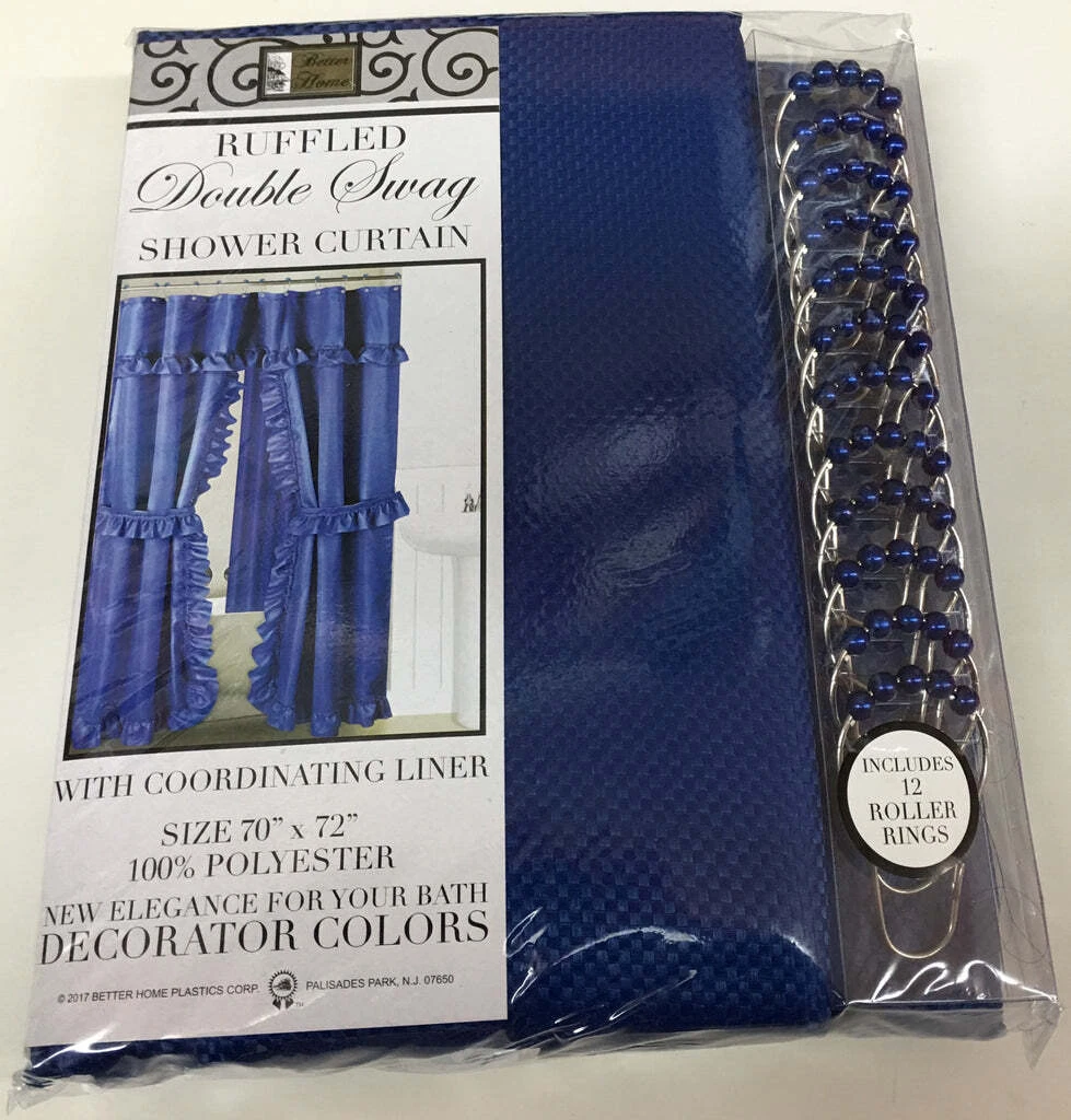 Double Swag Fabric Shower Curtain Includes Vinyl Liner, Shower Rings, Dobby Dot Design, Cobalt Navy Blue